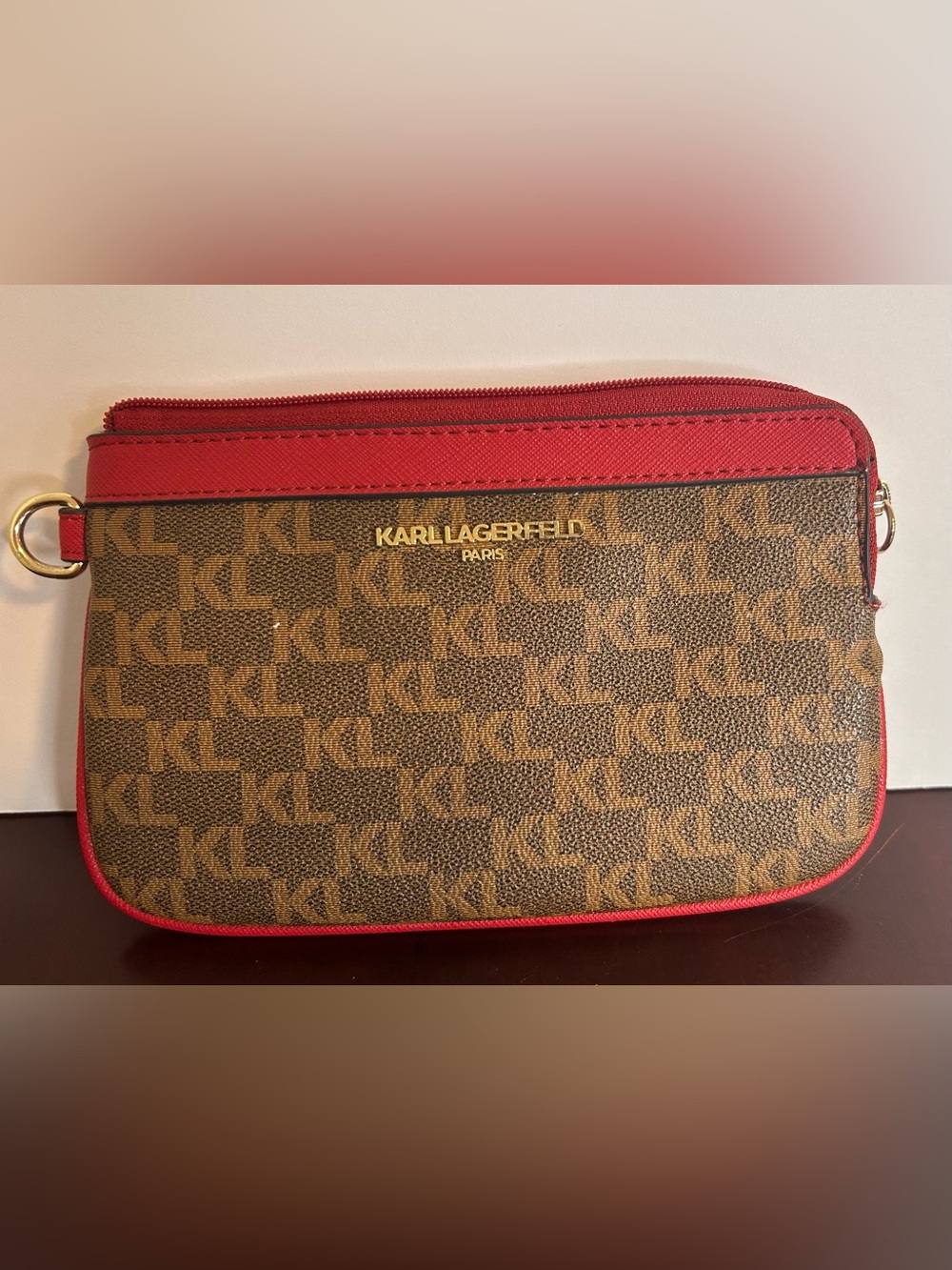 Karl Lagerfeld Brown Monogram Toiletry Bag with Red Trim